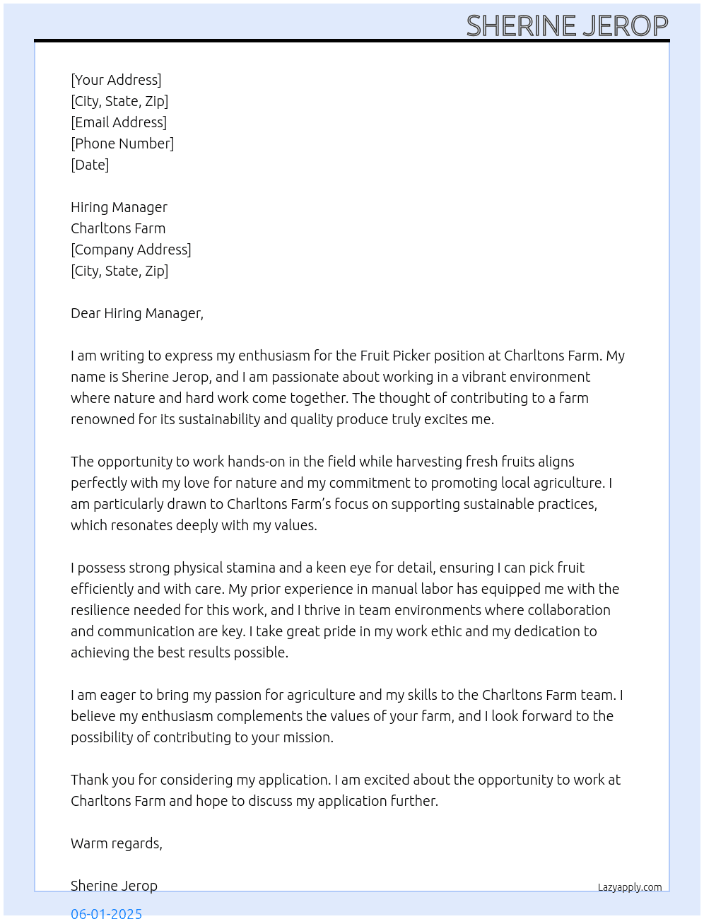 Fruit picker At Charltons farm Cover Letter