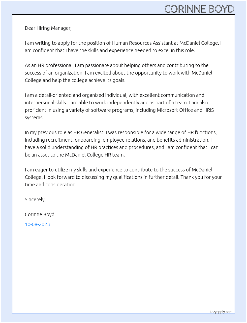 Human Resources Assistant At McDaniel College Cover Letter
