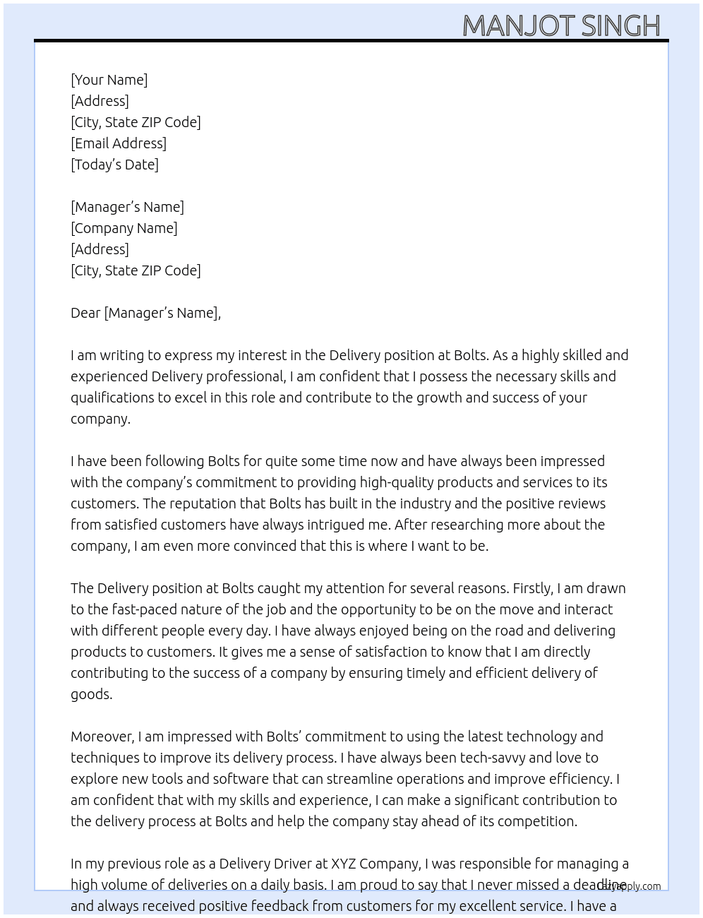 Delivery  At Bolts  Cover Letter