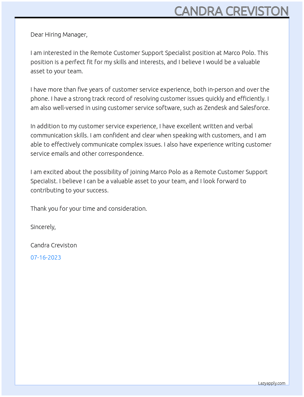 Remote Customer Support Specialist At Marco Polo Cover Letter
