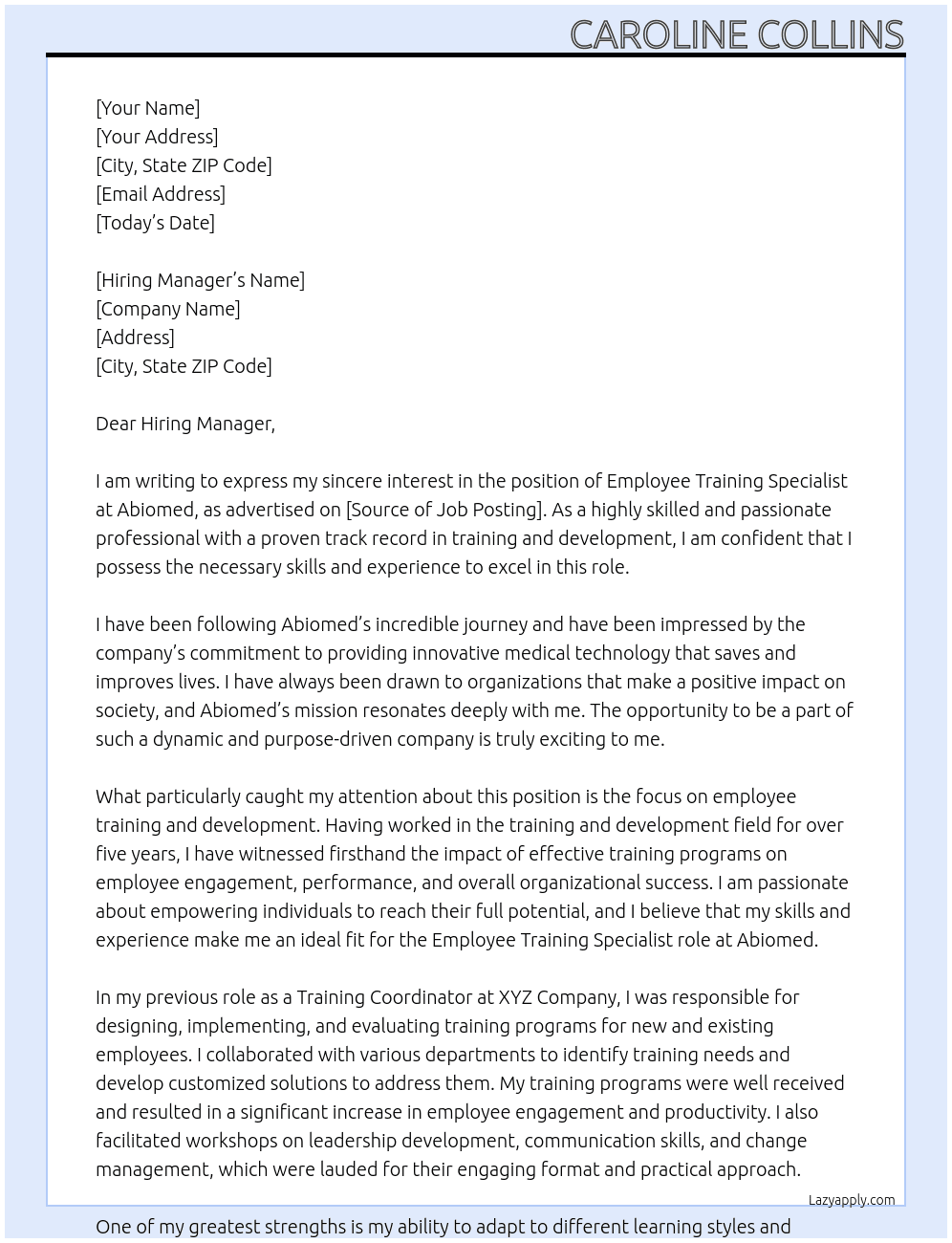 Employee Training Specialist At Abiomed Cover Letter