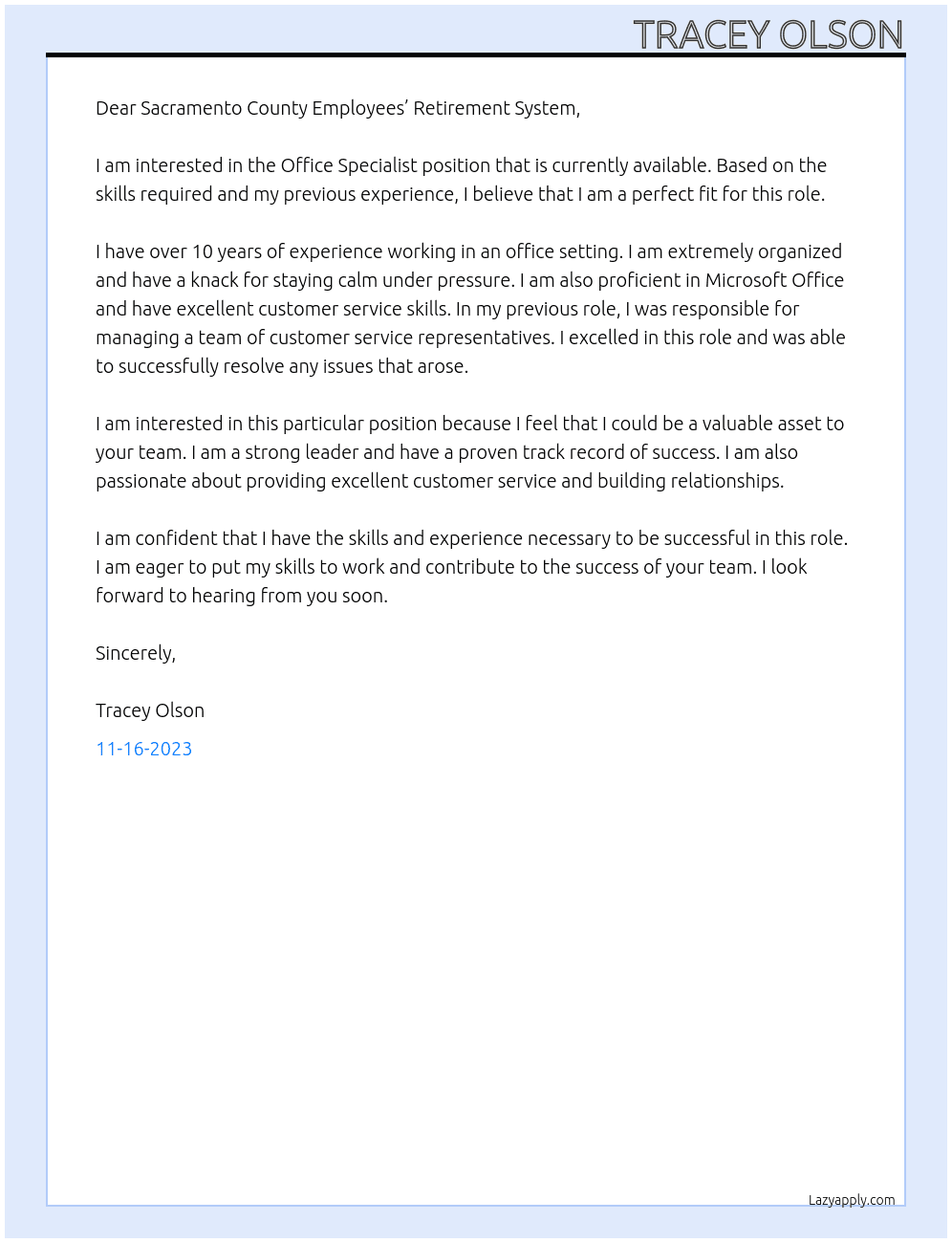 Office Specialist At Sacramento County Employees’ Retirement System  Cover Letter