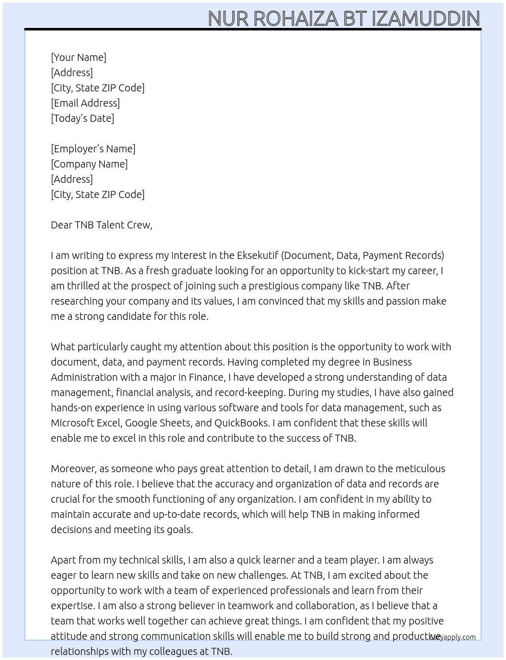 Eksekutif (Document, Data, Payment Records) At TNB Cover Letter