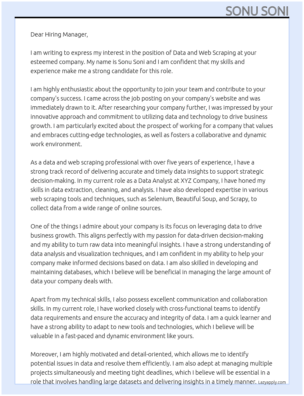 Data and web scraping At not mention Cover Letter