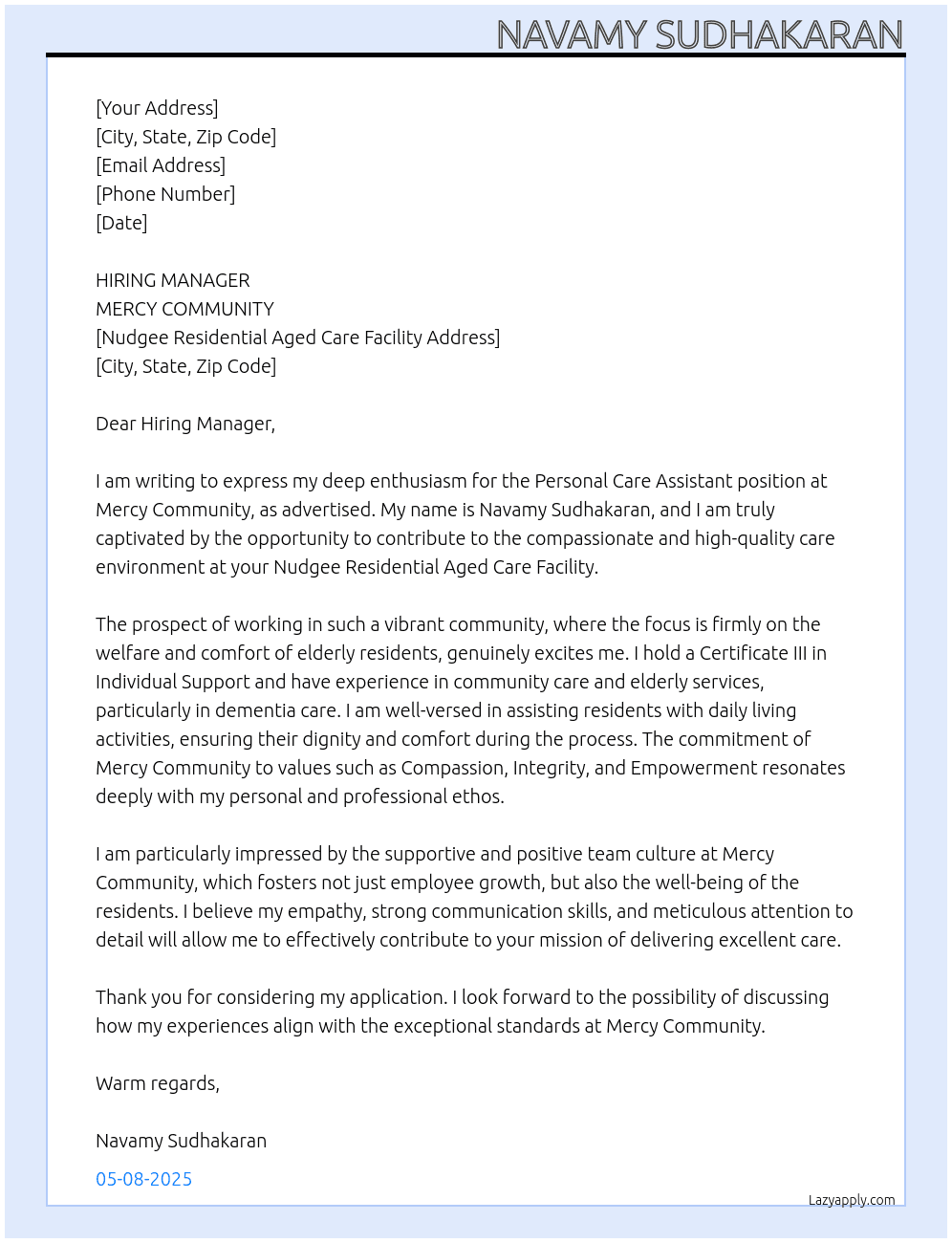 health care assistant At MERCY COMMUNITY Cover Letter