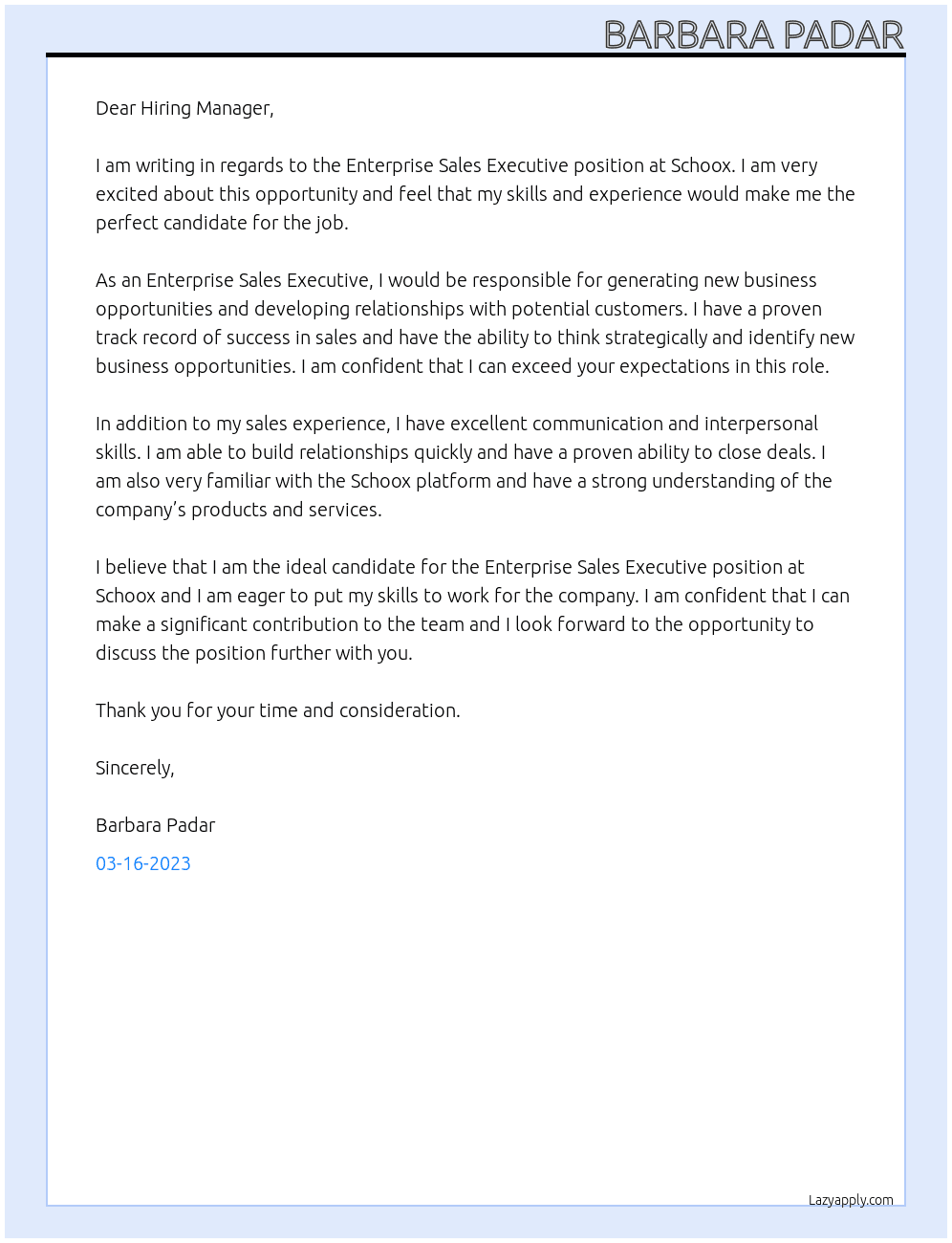 Enterprise Sales Executive At Schoox Cover Letter
