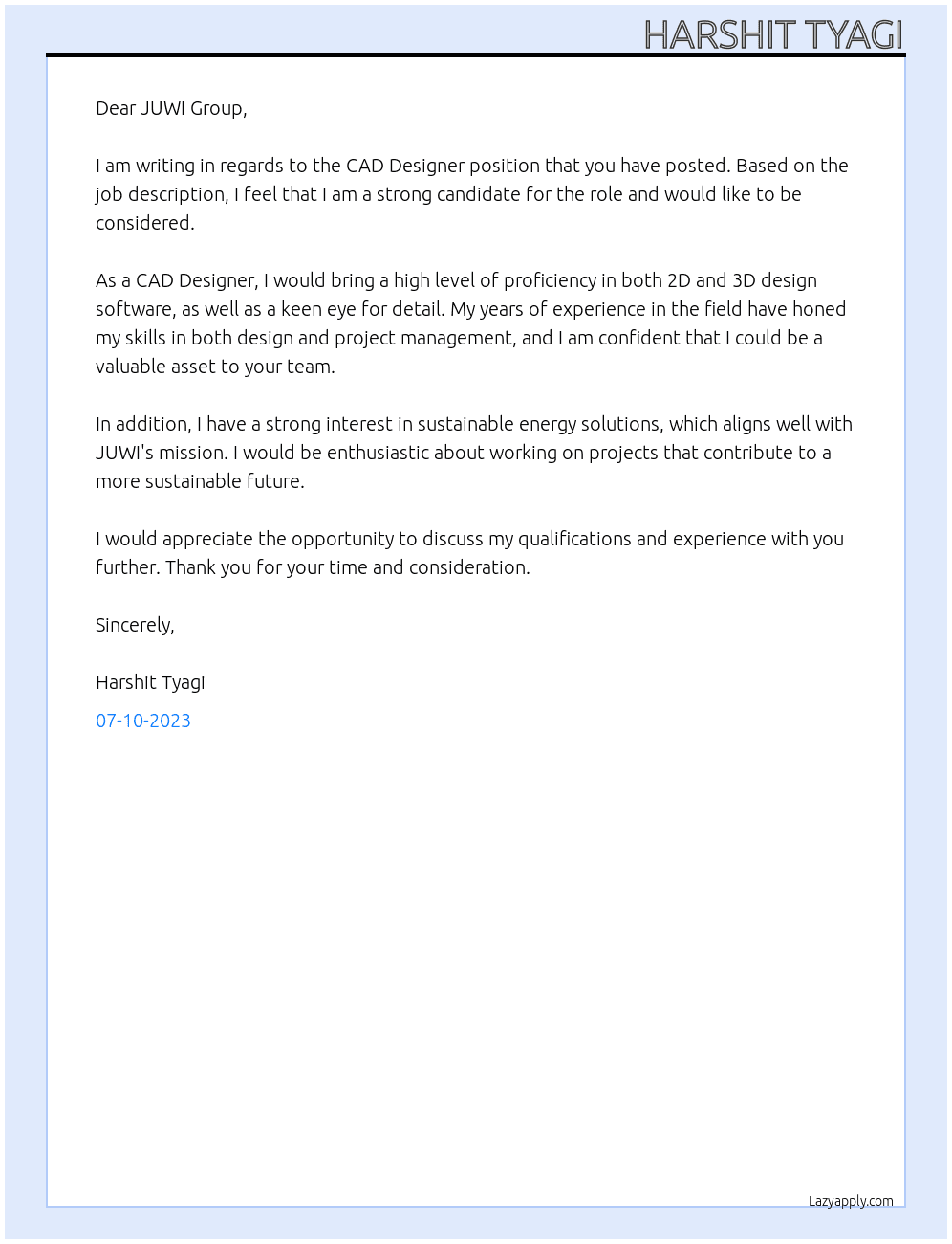 CAD DESIGNER At JUWI Cover Letter
