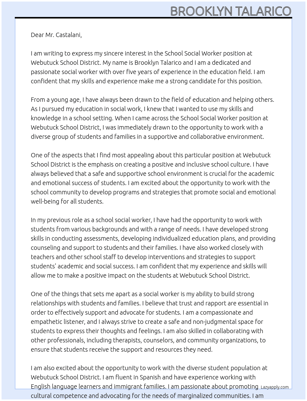 School Social Worker At Webutuck School District Cover Letter
