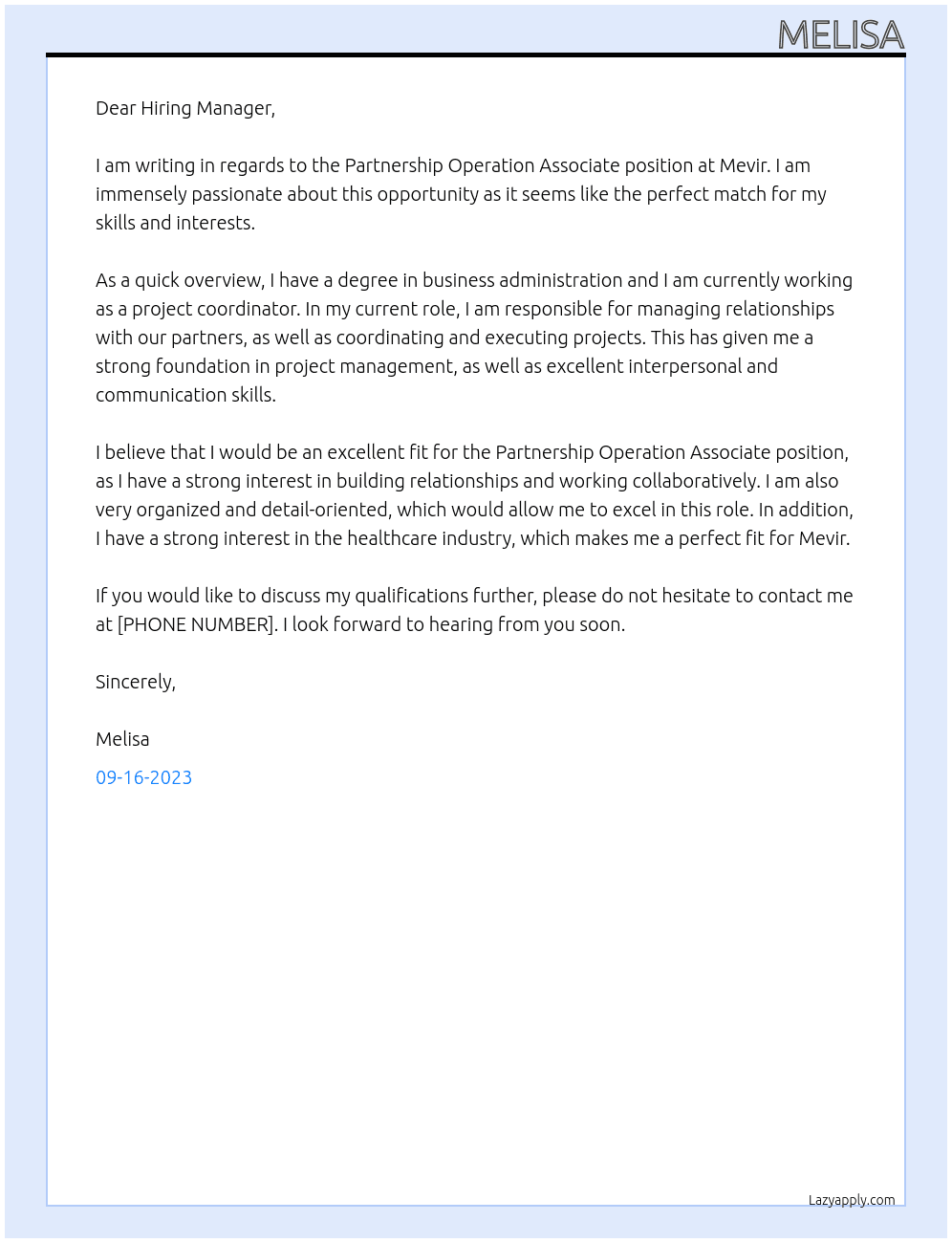 Partnership Operation Associate  At Mevir  Cover Letter