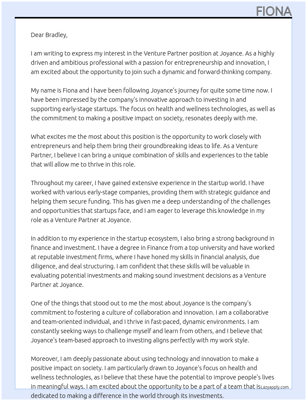 Venture Partner At joyance Cover Letter