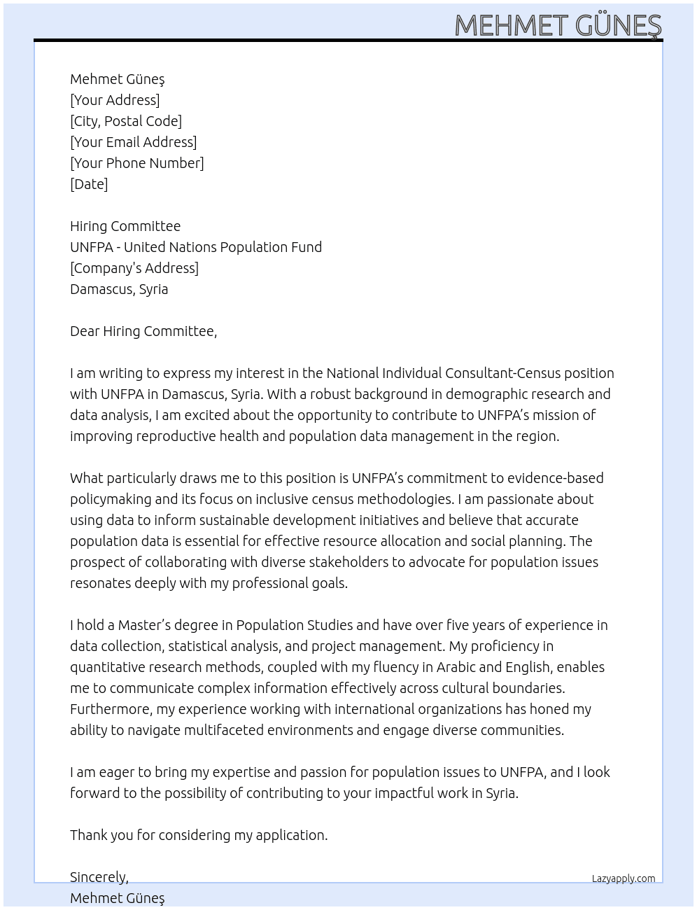 Cover letter for national individual consultant-census, damascus, syria - LazyApply