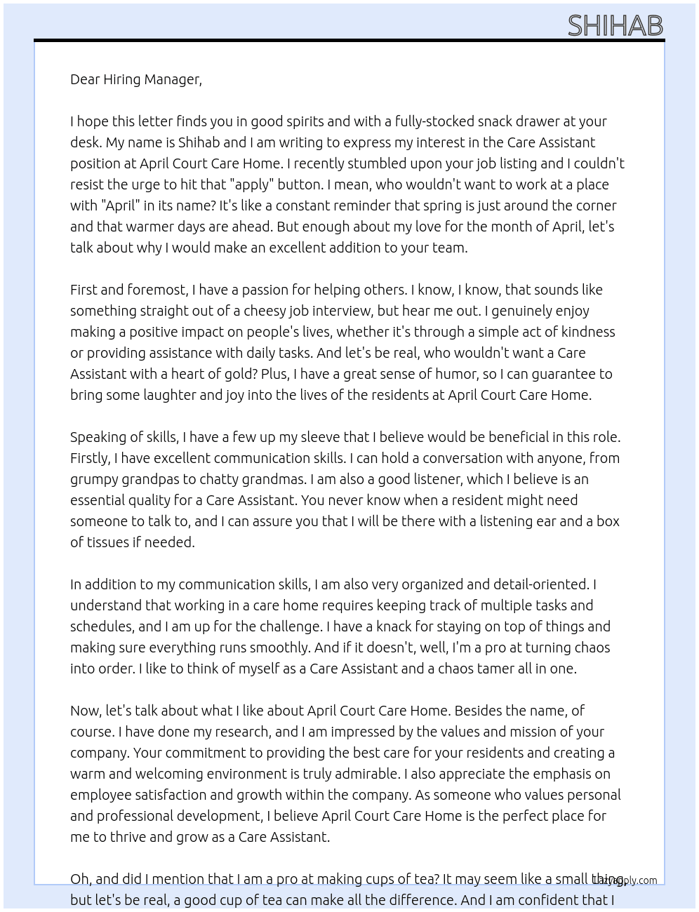 Care Assistant At April Court Care Home Cover Letter