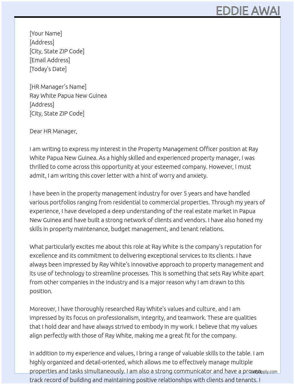 Property Management Officer At Ray White Papua New Guinea Cover Letter