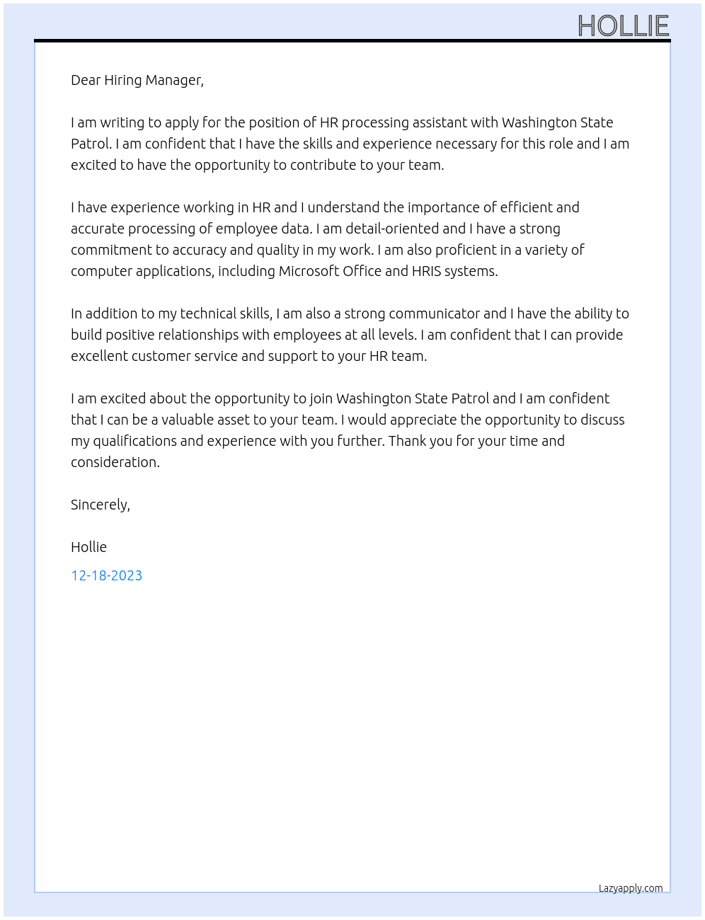 HR processing assistant At Washington State Patrol Cover Letter