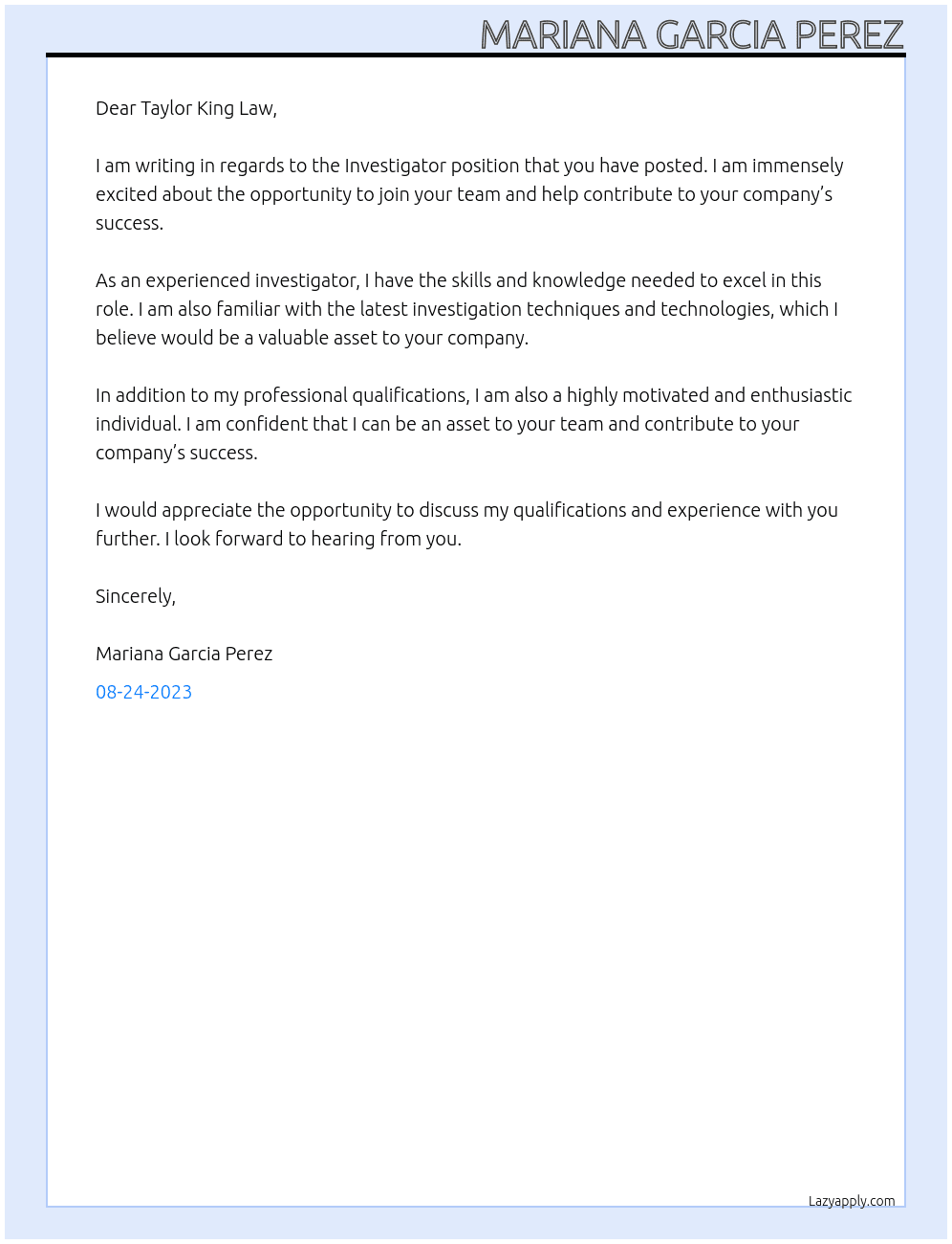 invstagator  At Taylor King Law Cover Letter
