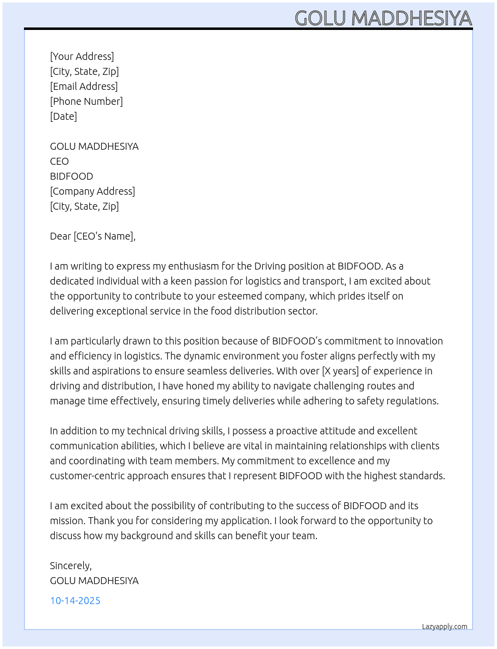 Driving  At BIDFOOD Cover Letter