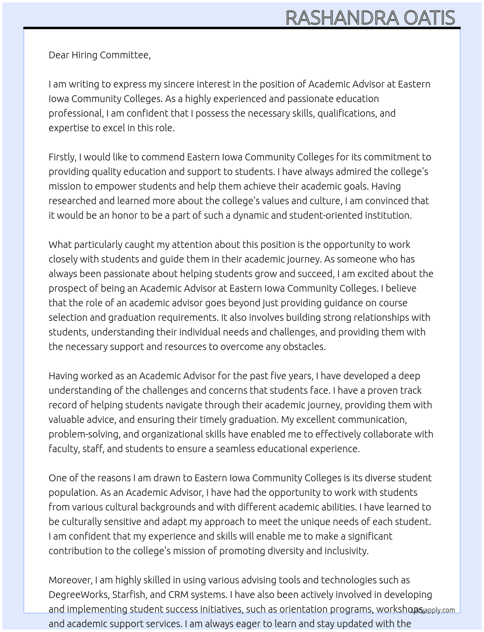 Academic Advisor At Eastern Iowa Community Colleges Cover Letter