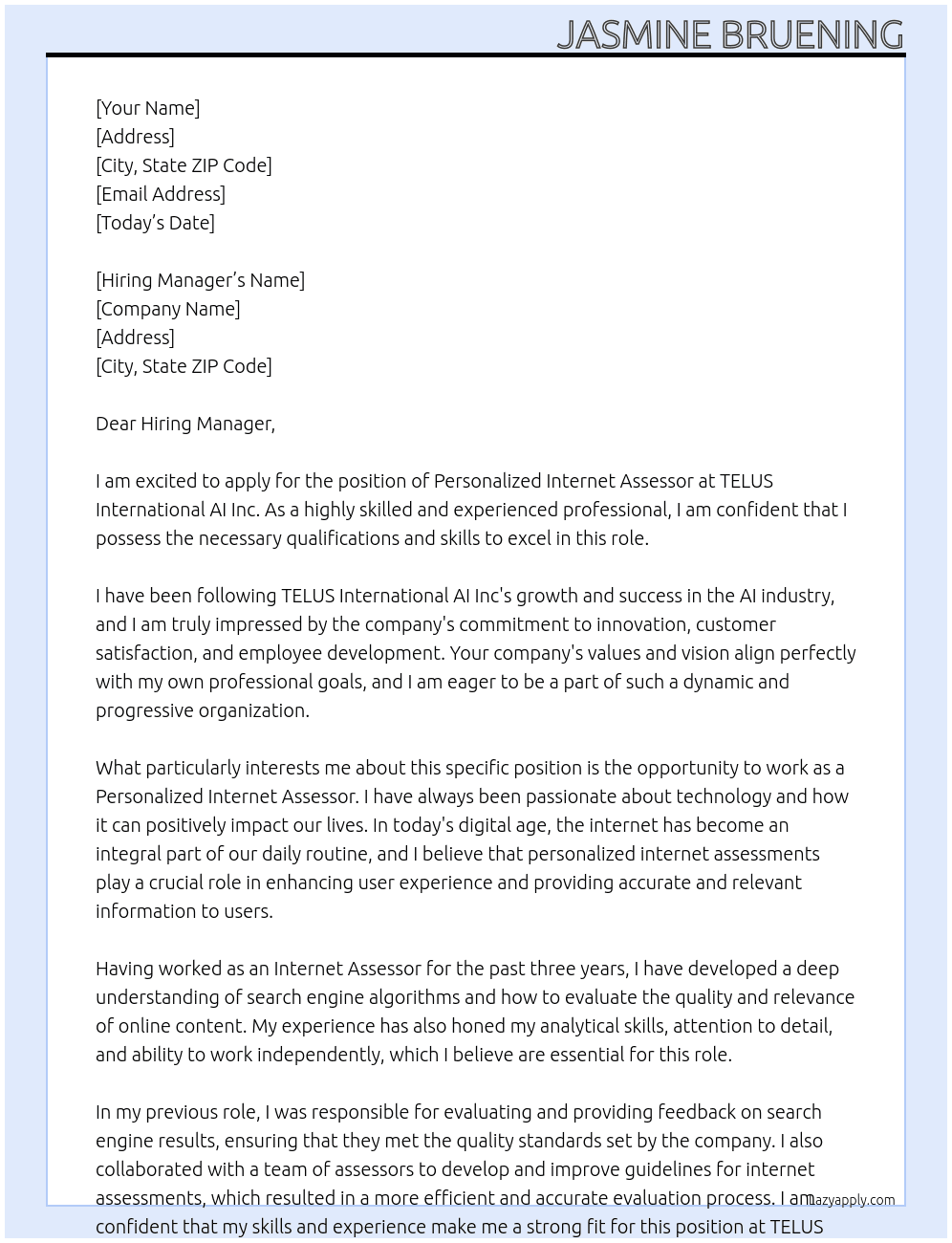 Personalized Internet Assesor At TELUS Internation AI Inc Cover Letter