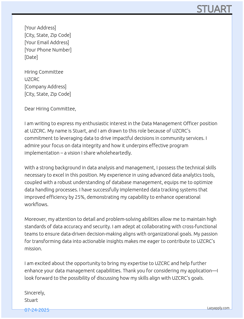 data management officer At uzcrc Cover Letter