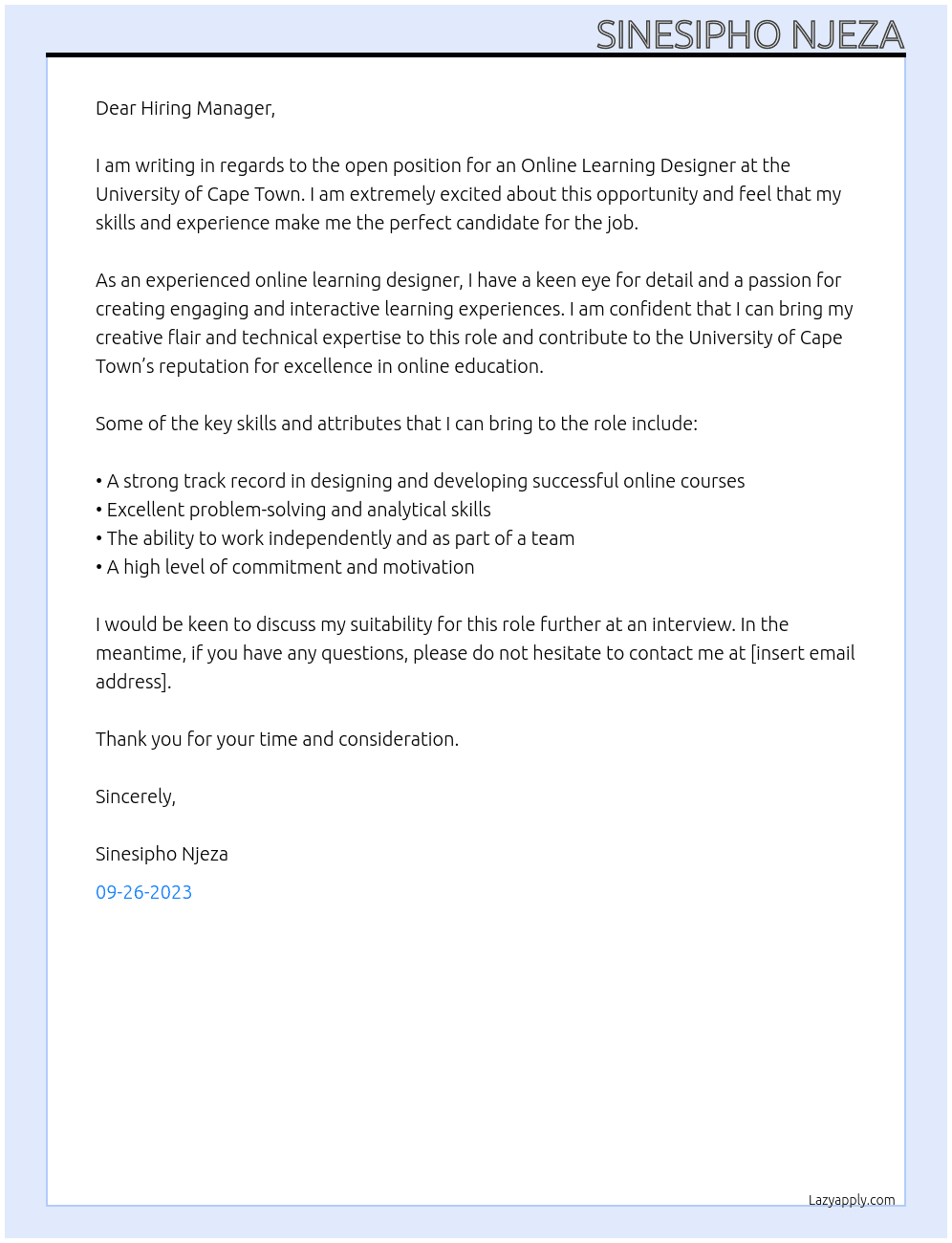 Online learning designer At University of Cape Town  Cover Letter