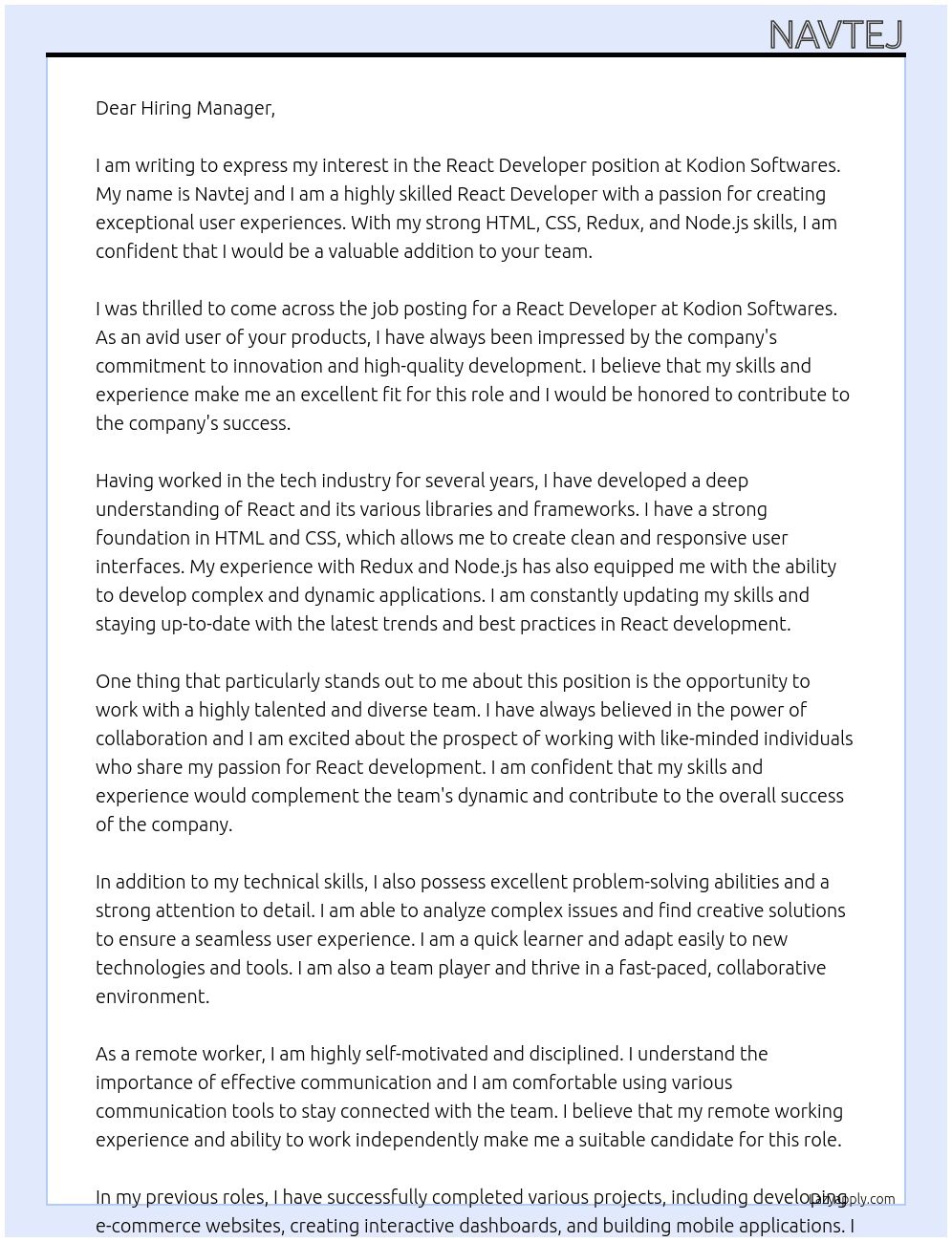 React developer  At Kodion Softwares Cover Letter