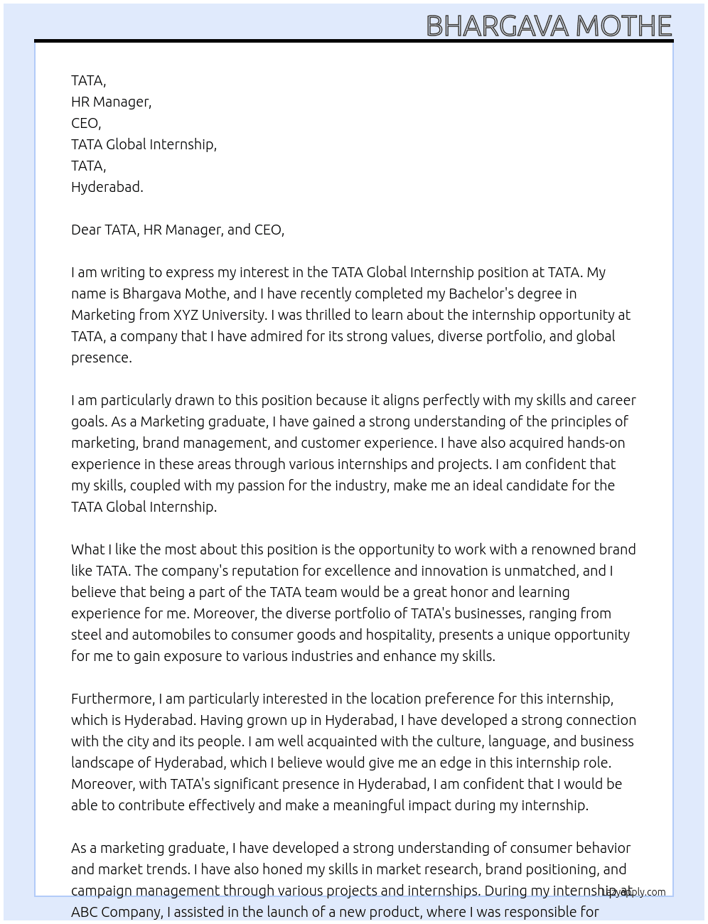TATA GLOBAL INTERNSHIP At TATA  Cover Letter