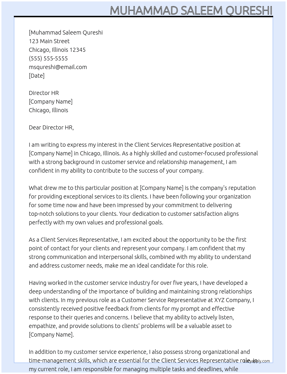 Client Services Representative At Chicago, Illinois Cover Letter
