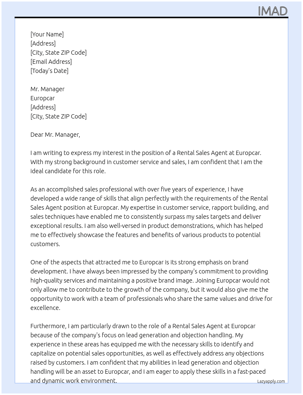 Rental Sales Agent At Europcar Cover Letter