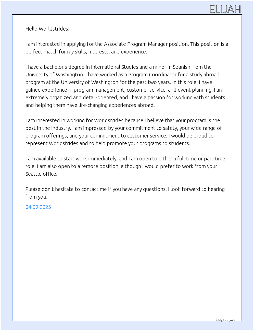 Associate Program Manager At Worldstrides Cover Letter