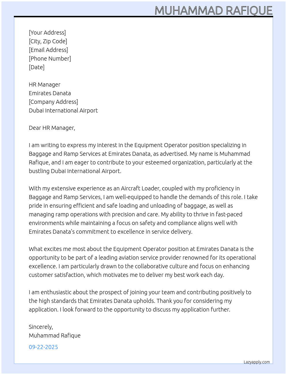 Equipment Operator At Emirates Danata Cover Letter