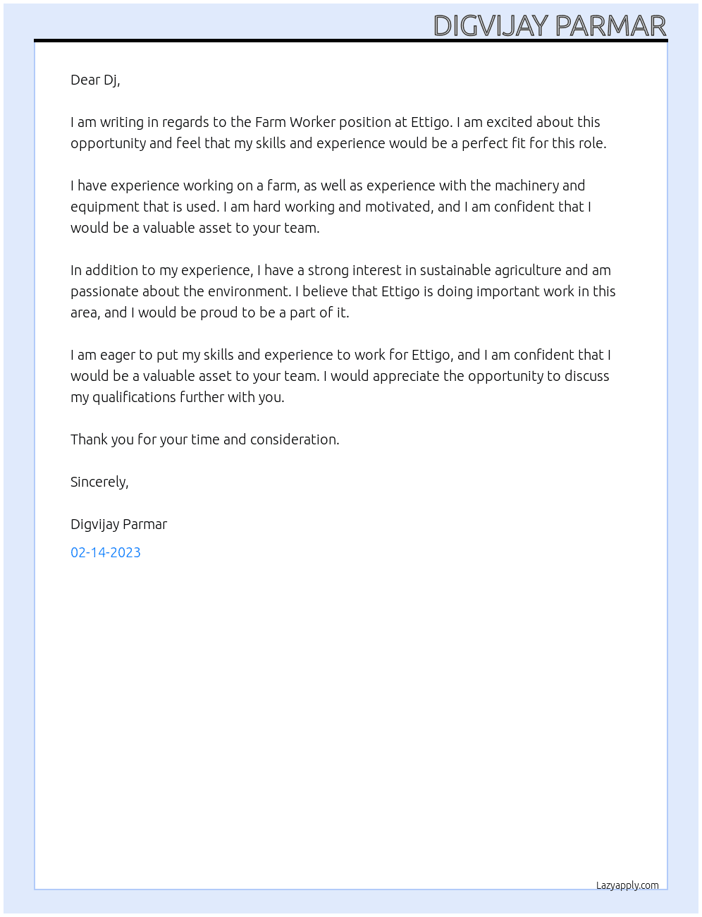Farm Worker  At Ettigo Cover Letter