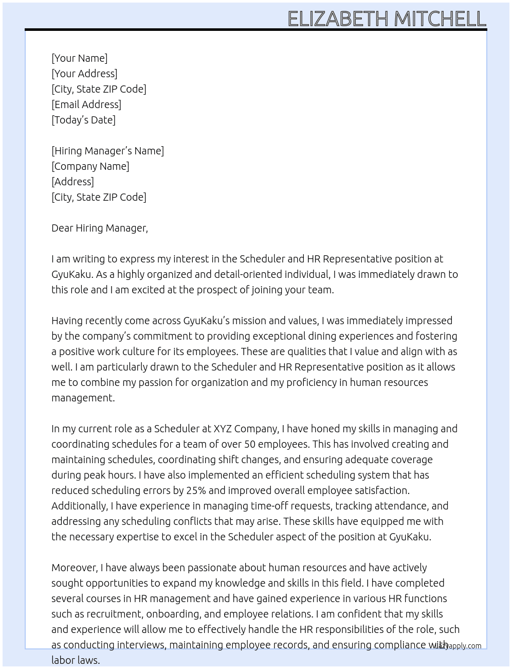 Scheduler and HR representative At GyuKaku  Cover Letter