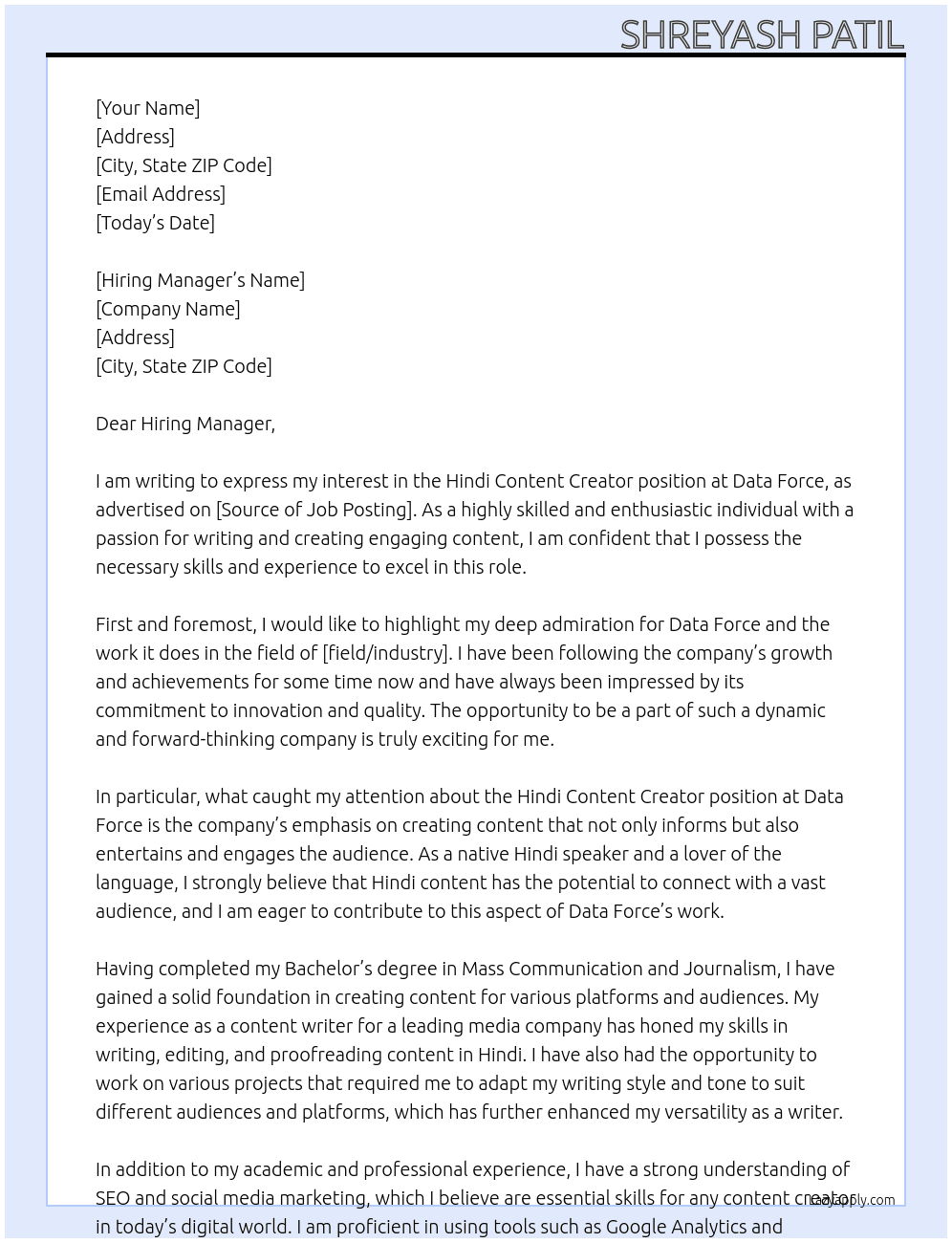 Hindi Content Creater At Data Force Cover Letter