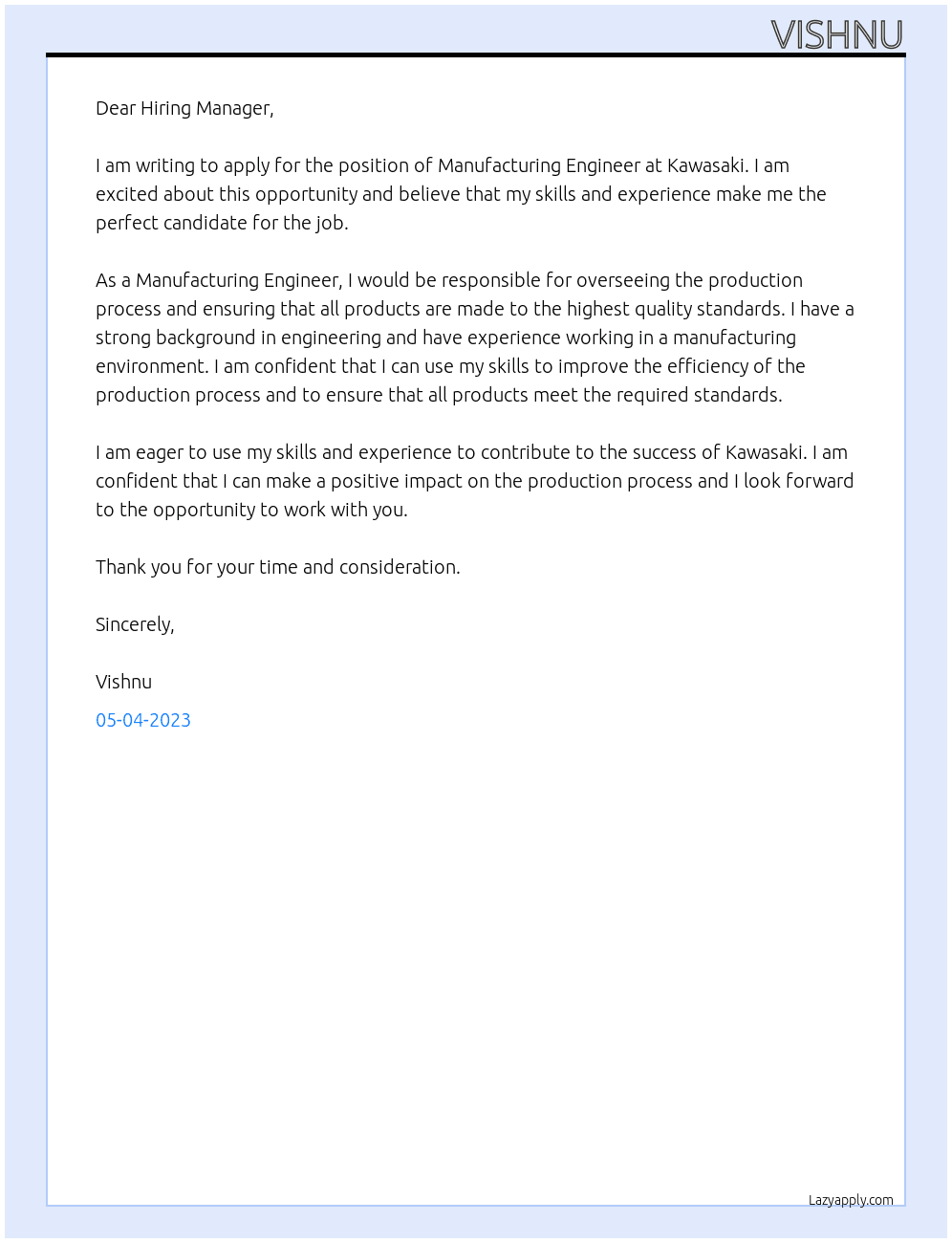 Manufacturing engineer At Kawasaki Cover Letter