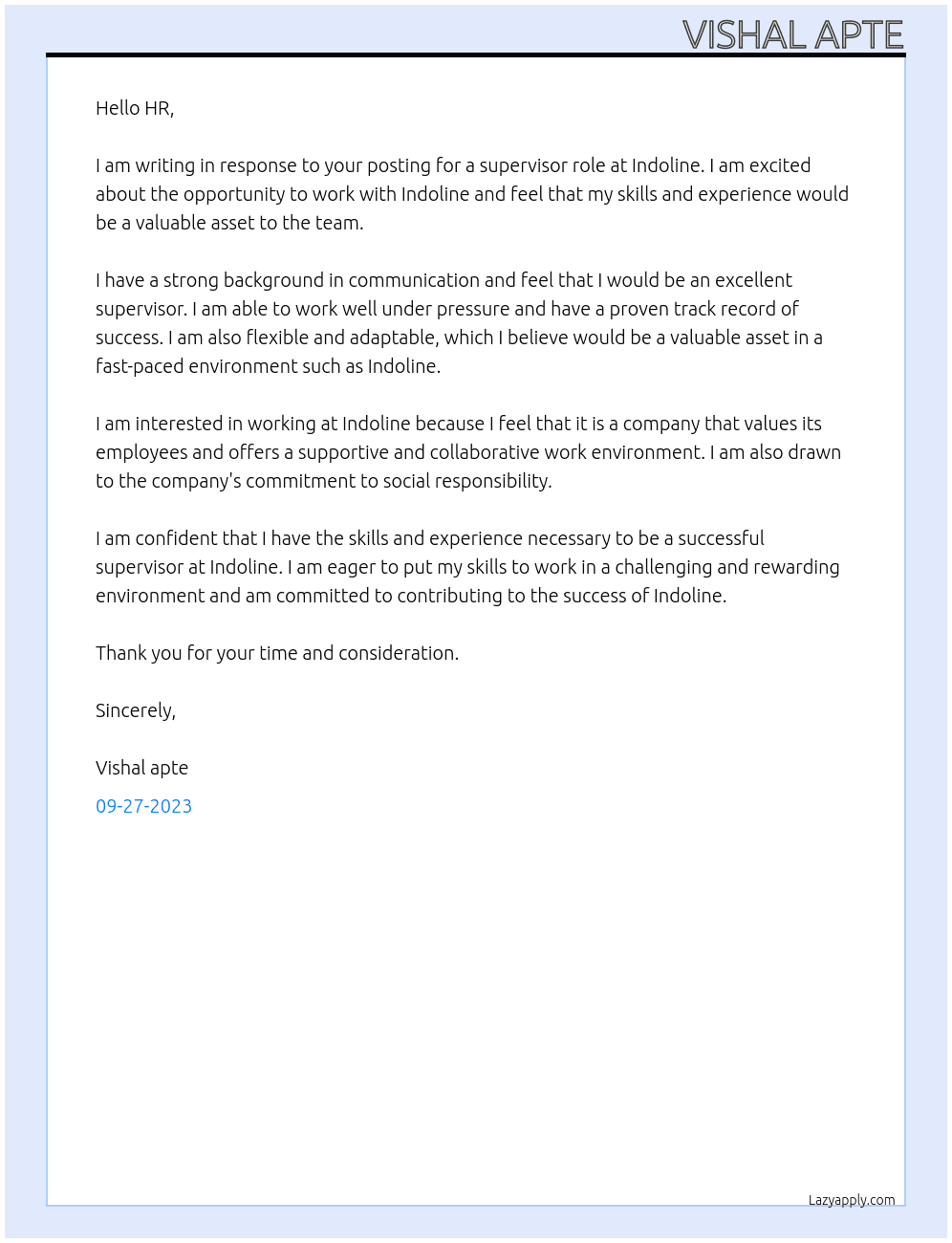 Metro At Indoline Cover Letter
