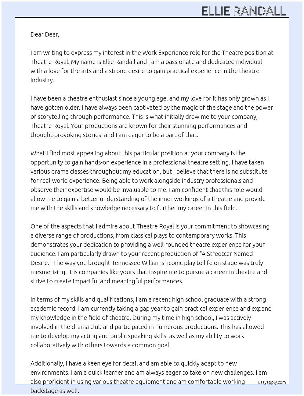 Theatre  At Theatre royal Cover Letter