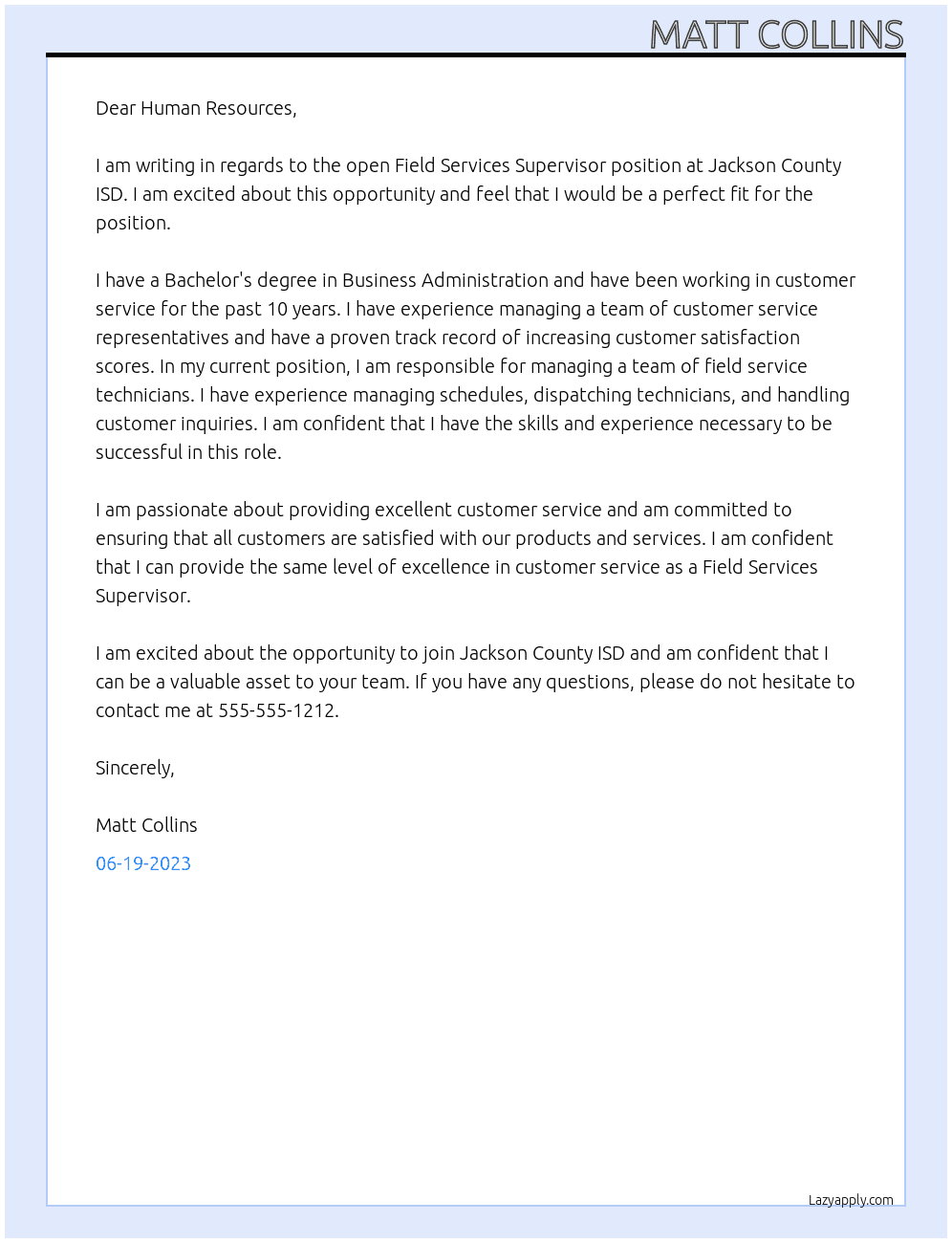 Field Services Supervisor At Jackson County ISD Cover Letter