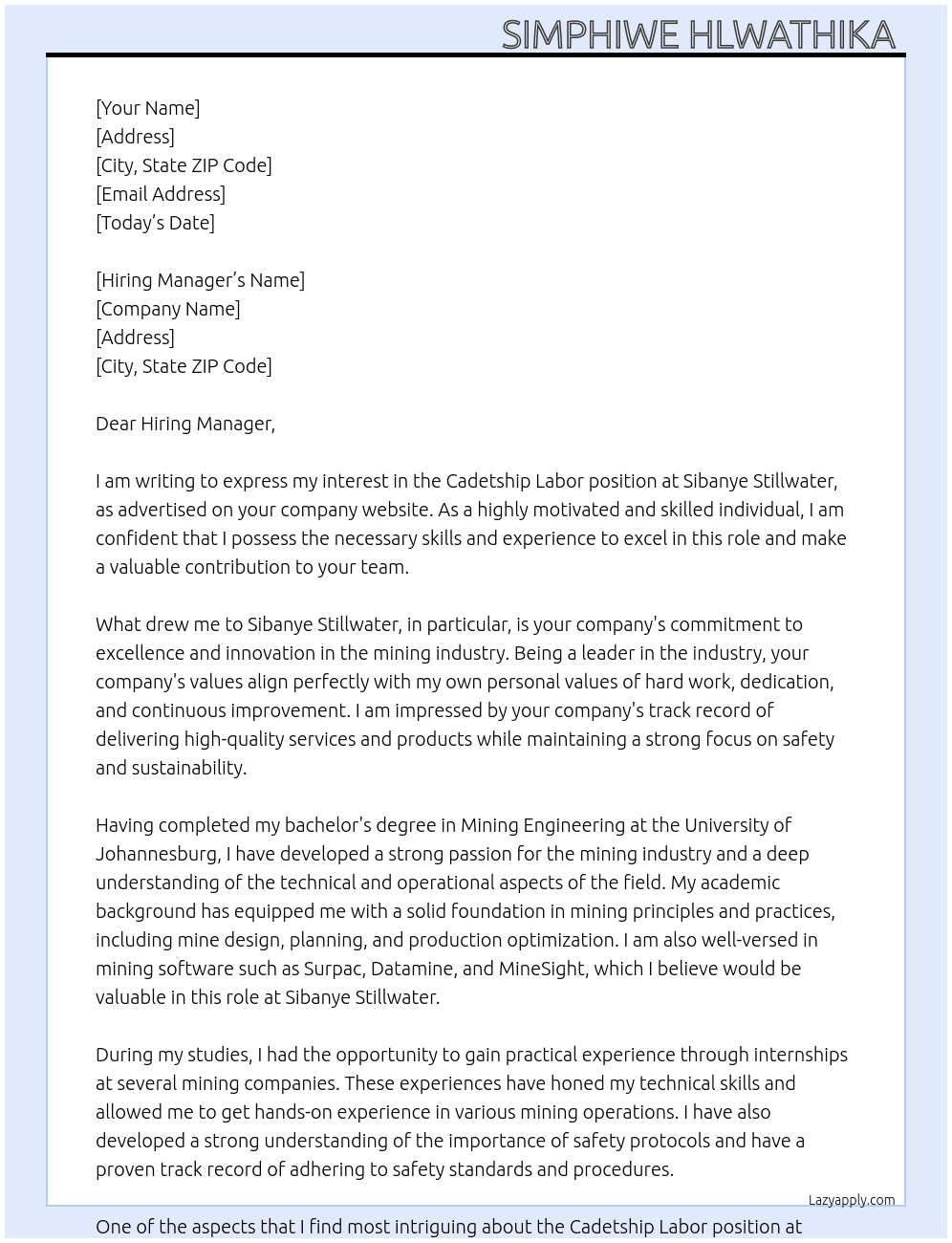 Cover letter for cadetship labor - LazyApply