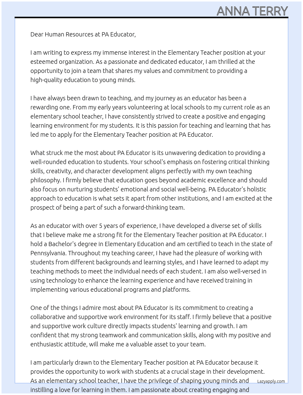 Elementary Teacher At PA Educator Cover Letter