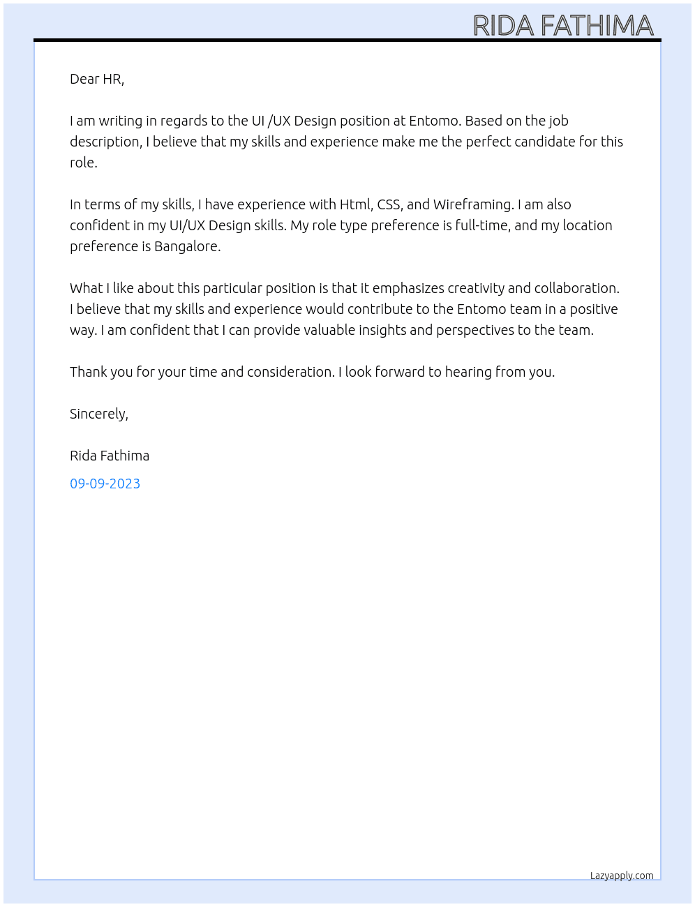 UI /UX Design  At Entomo Cover Letter