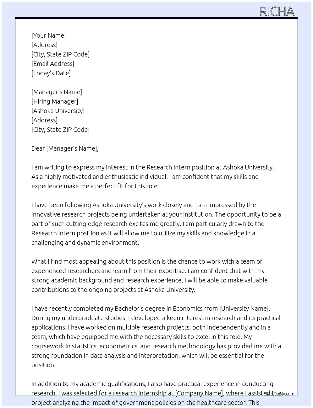 Research intern At Ashoka University Cover Letter