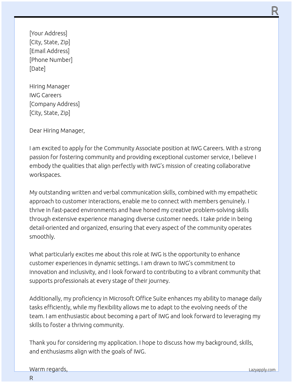 Community Associate At IWG Careers Cover Letter