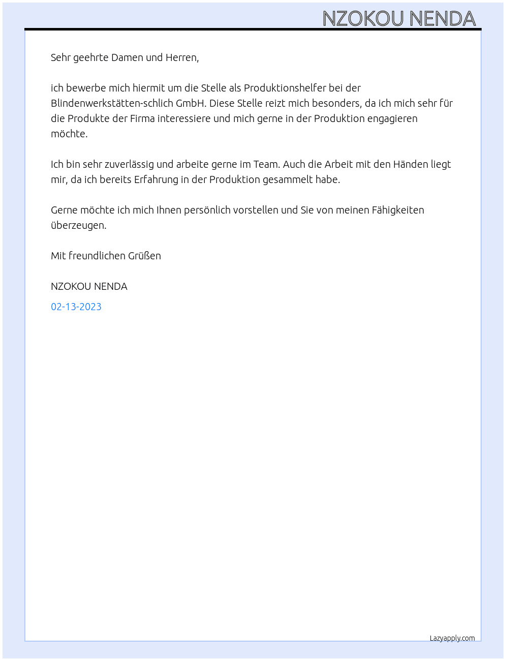 Produktionshelfer  At Blindenwerkstätten-schlich GmbH Cover Letter