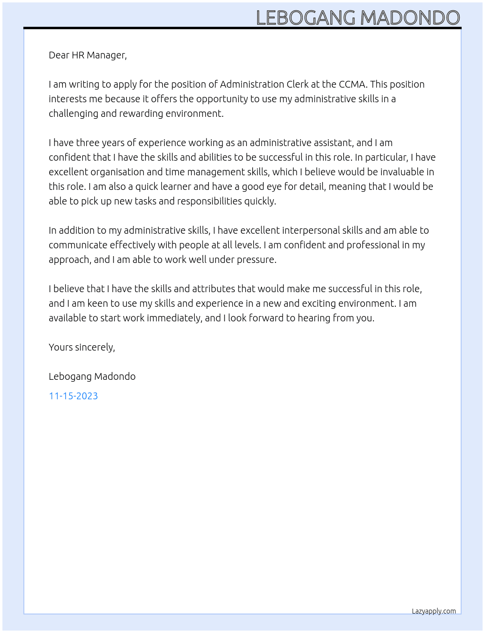Administration: Clerk At CCMA Cover Letter