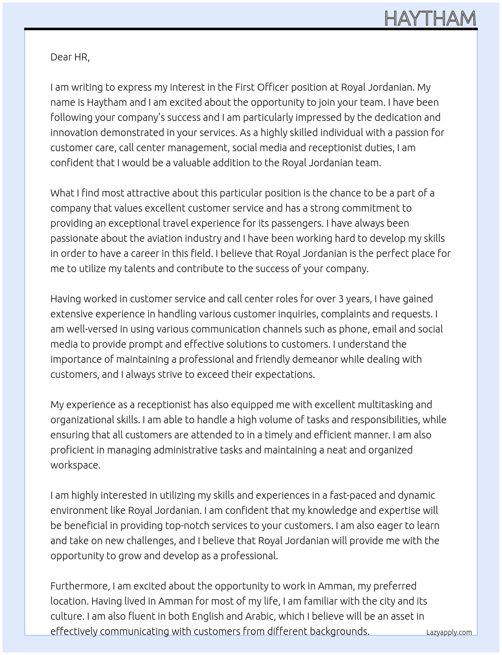 First Officer At royaljordanian Cover Letter