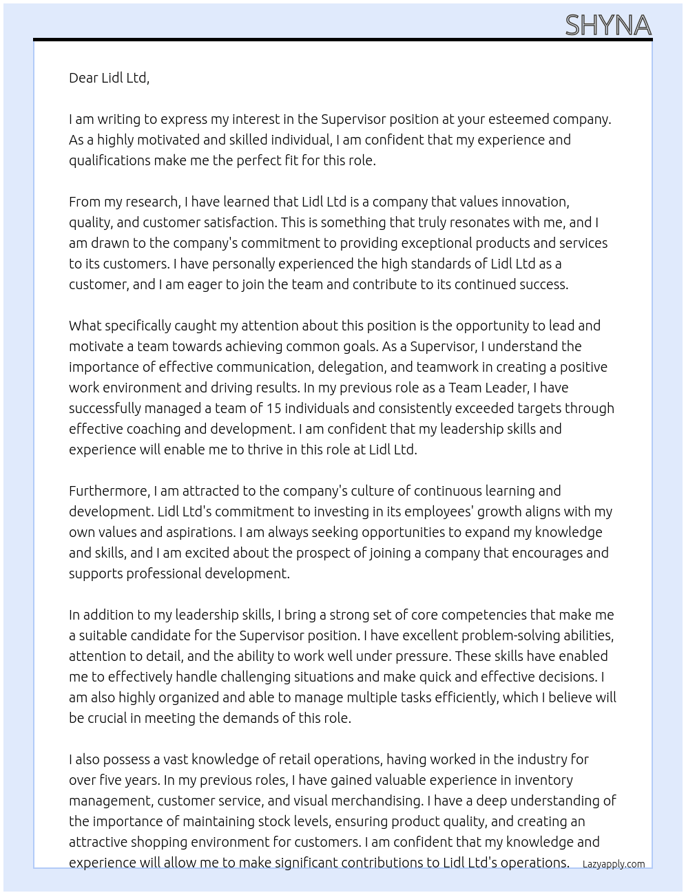 Supervisor  At Lidl ltd Cover Letter