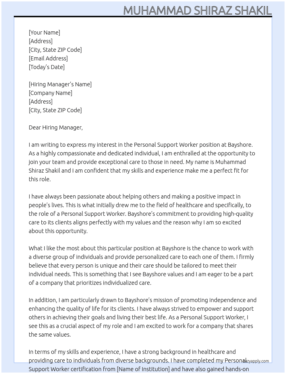 Personal Support Worker At Bayshore Cover Letter
