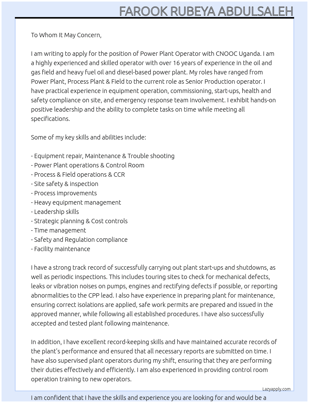 Power Plant Operator At CNOOC Uganda Cover Letter