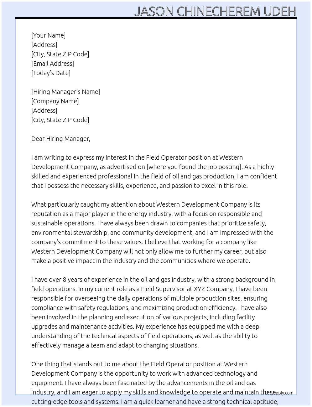 Field Operator At Western Development Company Cover Letter