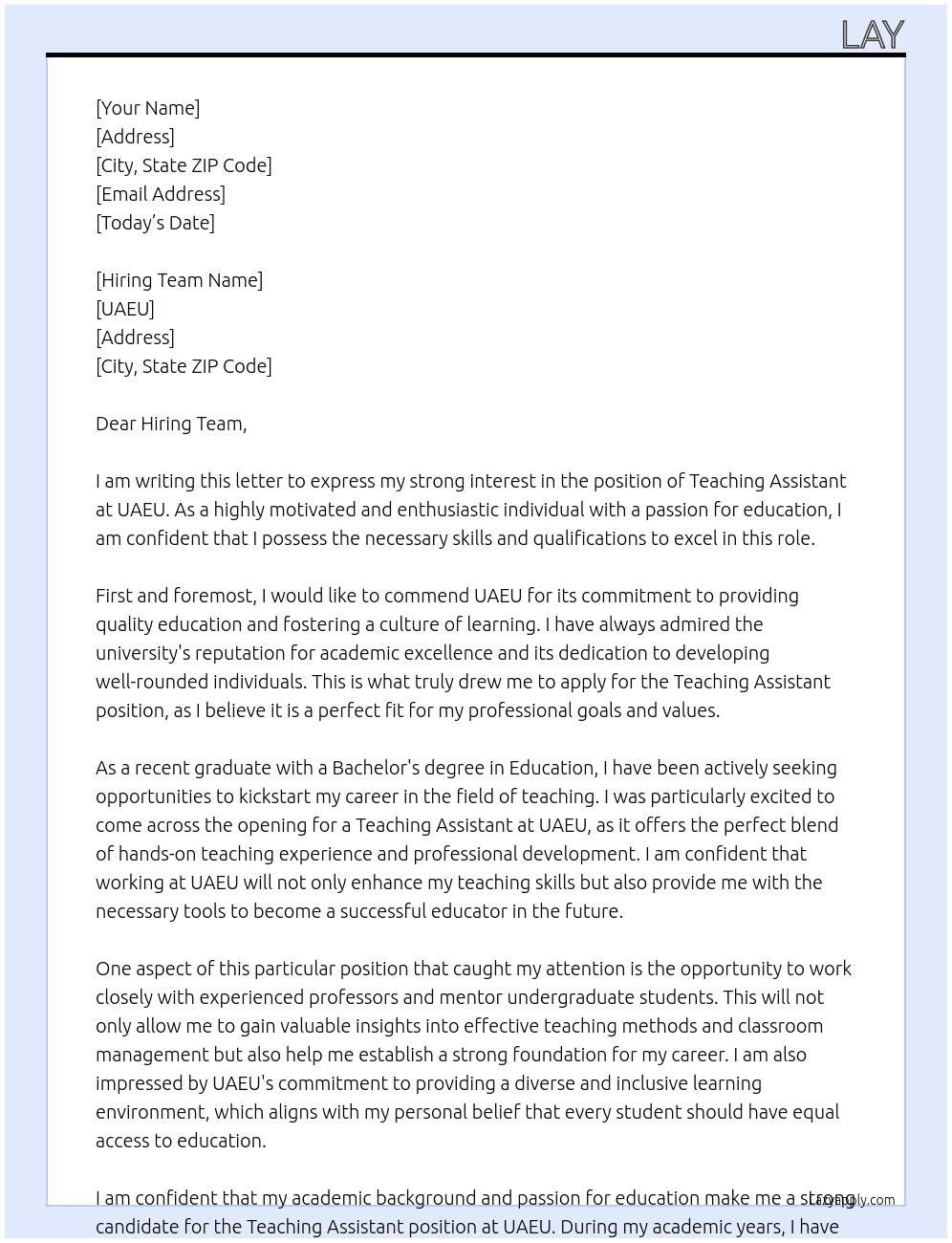 teaching assistant At uaeu Cover Letter